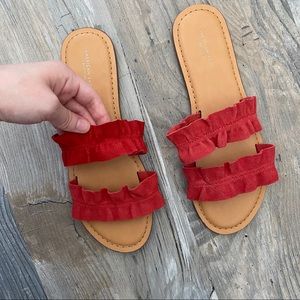 American Eagle Flat Sandals Red Suede two Straps 8